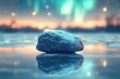 © Richard - A serene winter scene features a snow-covered rock reflecting on icy water under the magical glow of the aurora borealis.