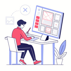 A designer is working on a website layout on a computer screen planning content and user interface elements for a digital project