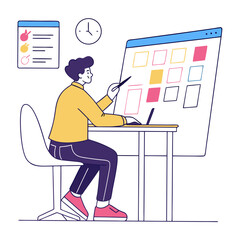Focused young man sitting at a desk using a laptop and pointing at a large digital display with colorful squares and a checklist on the wall