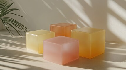Four pastel colored cube displays in a sunlit room