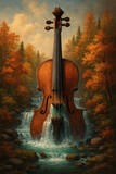 A violin stands serenely amidst a cascading waterfall in an autumn forest, blending the harmony music with the tranquility natures melody