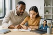 © Who is Danny - Father helping daughter with homework while online tutor teaches via video call in bright modern home interior with books and creative background setup. Ai generative