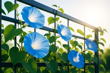 Wall Mural - morning glory flowers with vibrant blue petals climbing a metal trellis in sunlight with soft green 