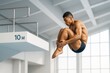 © Who is Danny - Male diver in mid-air performing a tuck dive from 10-meter platform inside indoor aquatic facility with bright light background. Ai generative. Ai generative