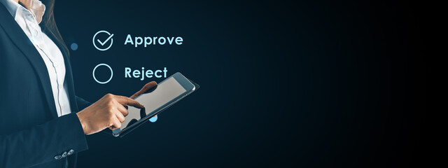 Businesswoman using digital tablet to approve option on modern interface screen in abstract technology background with virtual design concept.