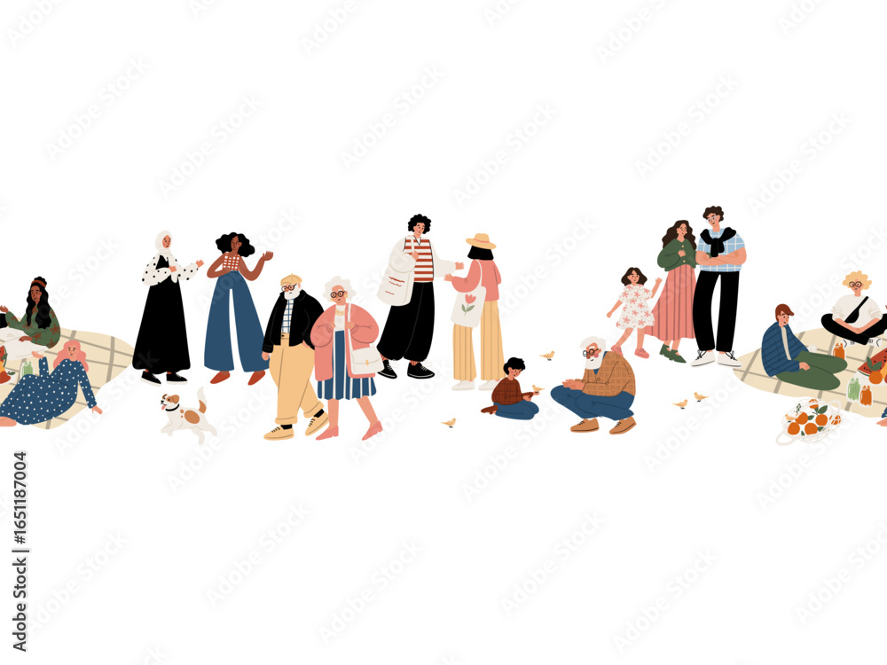 Seamless border with multicultural people including seniors, families ...
