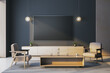 © Who is Danny - Modern cozy living room with blank TV screen on dark wall and minimalist furniture for branding or display mockup template concept scene. 3D Rendering