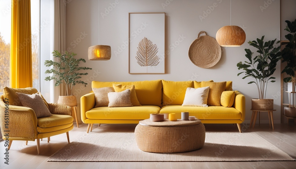 cozy living room with a yellow couch and warm decor Stock Photo | Adobe ...