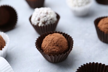 Wall Mural - delicious homemade candies with cocoa powder and coconut flakes on light grey table, closeup