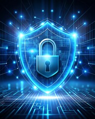 Digital security shield with padlock protects data and network system