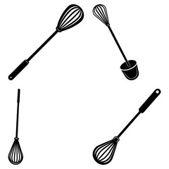 Four black and white whisks with handles displayed on a white background in a simple illustration