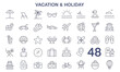 © anis criator - 48 editable stroke travel and vacation icons including beach, palm tree, luggage, airplane, hotel, map, camera, and holiday essentials