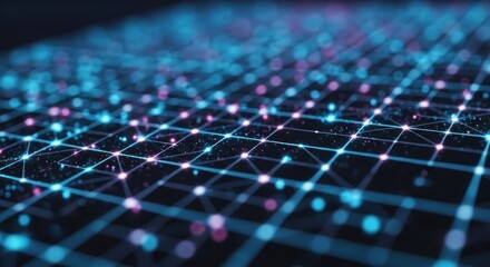 Wall Mural - abstract grid network of blue lines and pink spheres on black background