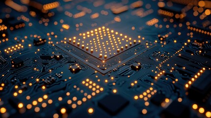 Wall Mural - illuminated circuit board with a central processor and glowing orange lights