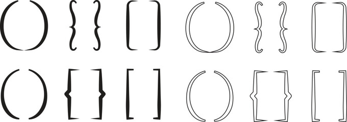 brackets icon set, black vector collection of round, curly, and square bracket group in flat and lin