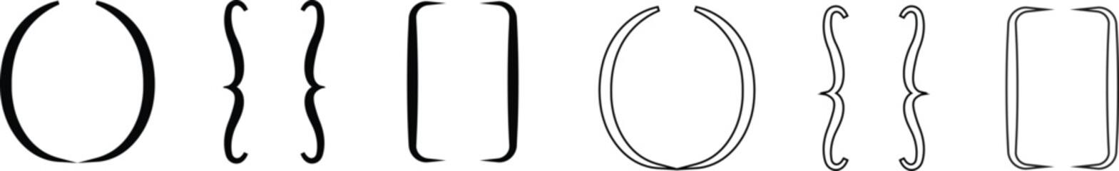 brackets icon set, black vector collection of round, curly, and square bracket group in flat and lin