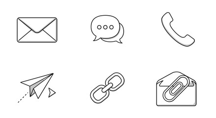 Set of six communication icons including envelope chat bubble phone paper airplane link and attachment isolated on transparent background for digital design