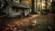 © Warakorn - the scene captures a rural setting in autumn. a small, wooden structure with a metallic roof and window panes is visible on the left of the frame, with falling leaves atop