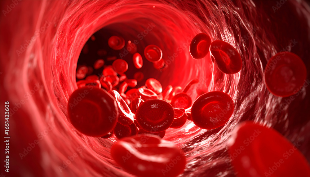Microscopic View of Red Blood Cells Flowing Through a Vein with Red ...