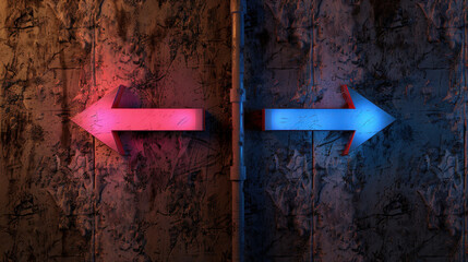 Wall Mural - vibrant image featuring two directional arrows illuminated in contrasting colors, one red and one bl