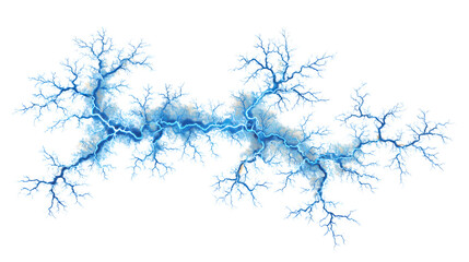 Vibrant blue lightning strikes across a white background, creating a powerful, energetic natural display.