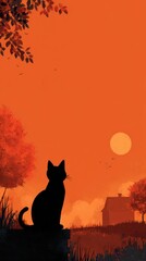 Naklejka na meble Cat silhouette against an orange sunset with a house and trees in the background