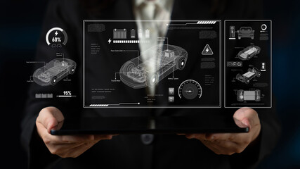 technical layout of electric vehicle showing battery system, power control, traction motor, charging