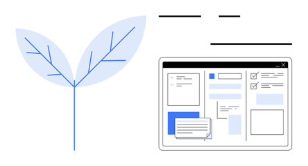 Digital interface with windows and chat boxes beside abstract leaf, symbolizing innovation, growth, and sustainability. Ideal for technology, environment, productivity, eco-friendly design, software