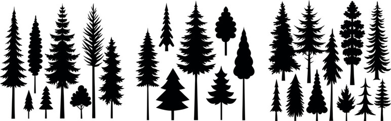 Forest tree silhouettes collection. Pine trees horizontal pattern panorama backgrounds. Vector illustration