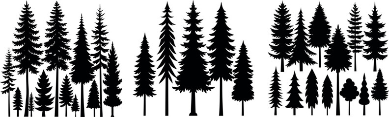 Forest tree silhouettes collection. Pine trees horizontal pattern panorama backgrounds. Vector illustration