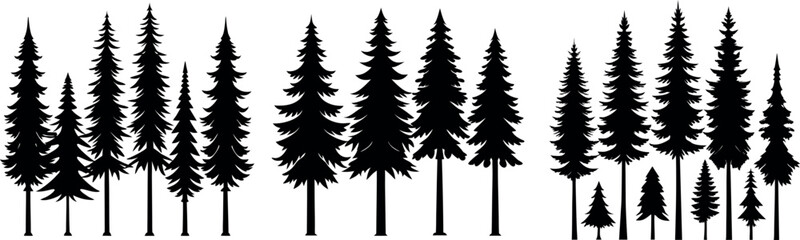 Forest tree silhouettes collection. Pine trees horizontal pattern panorama backgrounds. Vector illustration