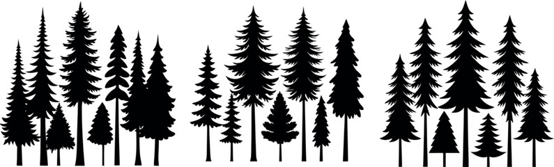 Forest tree silhouettes collection. Pine trees horizontal pattern panorama backgrounds. Vector illustration