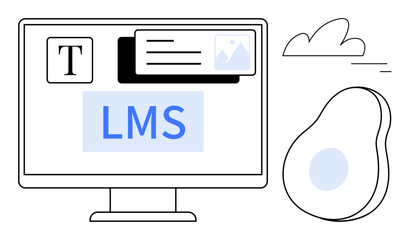 Desktop screen displaying LMS text, editing tools, and visual content icons with abstract elements. Ideal for e-learning, online education, technology, UIUX, digital tools, creative design simple