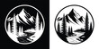 © Vectoravec - Circular emblem featuring a majestic mountain range with pine trees and a winding river, rendered in a striking black and white graphic style