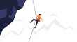 © Bayueka - Smiling male rock climber in orange shirt and harness ascending a rope, flat vector illustration.