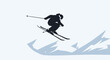© Bayueka - Dynamic dark silhouette of an alpine skier in a crouched, mid-air jumping pose.