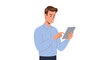 © Bayueka - Focused young man in a blue shirt holding and using a grey digital tablet, modern flat vector illustration.