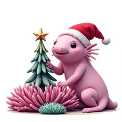 Canvas Print - Cheerful axolotl decorates for the holidays with a tiny tree