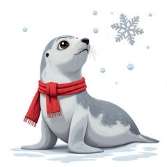 Canvas Print - Charming seal with a red scarf enjoying winter snowfall