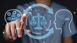 © TechVerse - Human touching glowing digital interface showing artificial intelligence and human brain connected by scales of justice