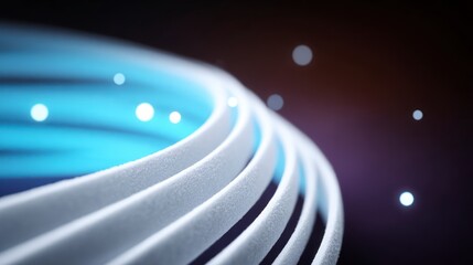 Abstract swirling white textured ribbons with glowing blue light and soft bokeh background