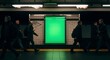 © Langit - Urban commuters walking past a blank green screen billboard for advertising mockup in a moody subway station