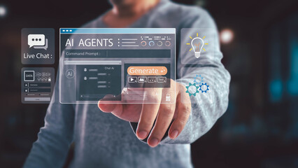 Man using futuristic AI agent software on a virtual touchscreen. He is pressing the generate button to create content, showing concepts of modern technology and innovation.