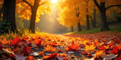 Wall Mural - Vibrant Autumn Leaves Scattered on the Ground, Signaling the Seasonal Transition to Cooler Weather.  Perfect for Fall-themed Designs and Seasonal Marketing.