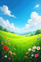 Wall Mural - Lush green meadow teeming with diverse wildflowers and grasses under a vibrant blue sky Perfect for nature, botany, or environmental themes , plants, tranquility