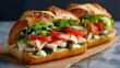 © wannakorn - Delicious Fresh Sandwich with Grilled Chicken Vegetables and Herb Spread on Rustic Bread