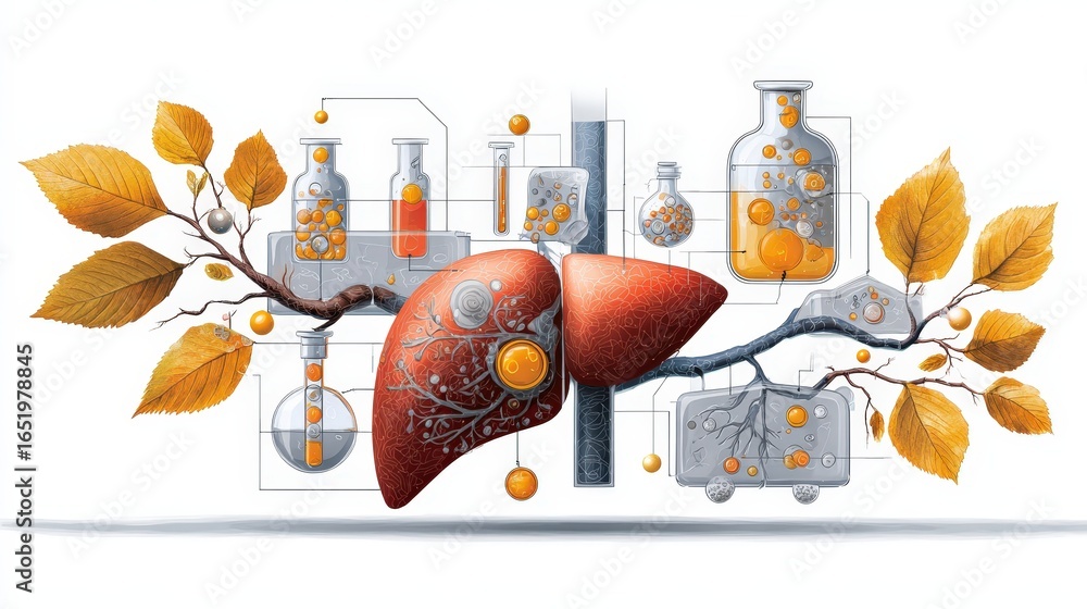 Medical diagram focusing on the liver role in metabolism and ...