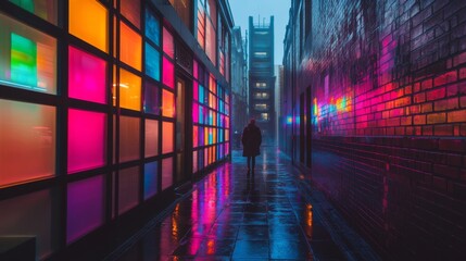 Wall Mural - a mysterious alley filled with vibrant colors reflects on wet pavement. the ethereal glow attracts t