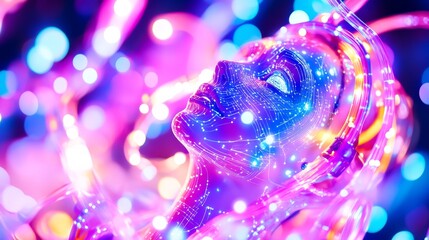 Wall Mural - a vibrant visual of a radiant figure enveloped in colorful lights. a fusion of technology and art. c