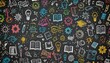 © Kila - Abstract education background with hand-drawn colorful school supplies, ideas, and knowledge doodles on a dark chalkboard.